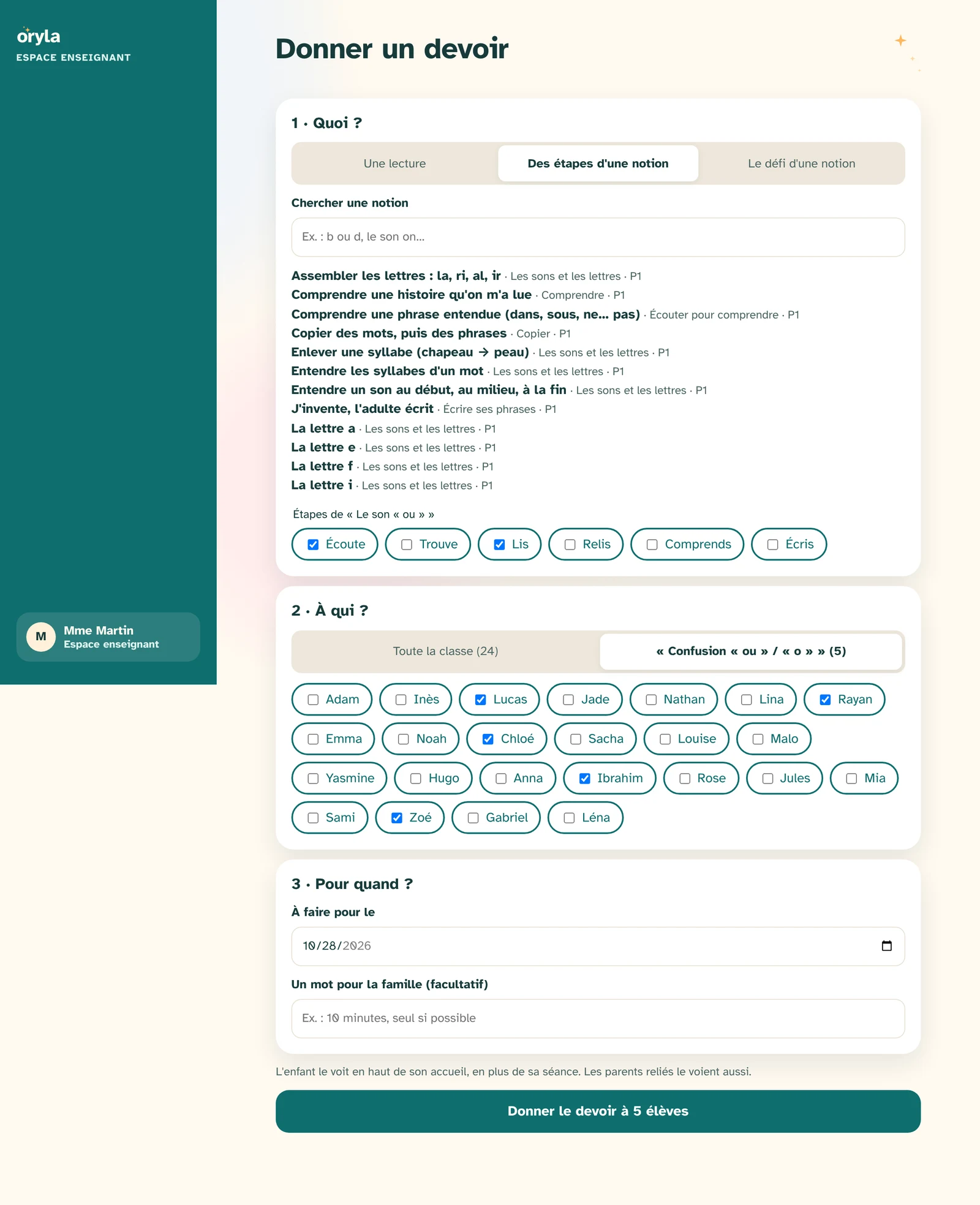 Donner un devoir : quoi, à qui, pour quand.