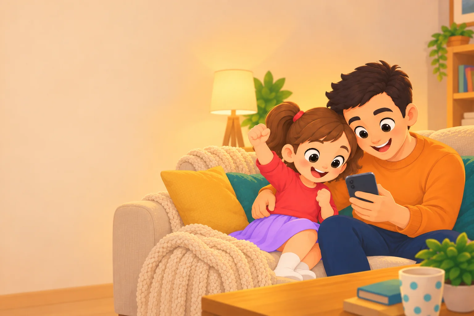 Un papa et sa fille, sur le canapé, regardent Oryla sur le téléphone.